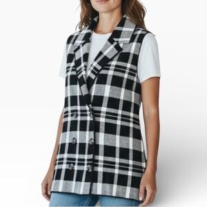 Marled Sweater Vest Collared Double Breasted Black & White Plaid Size XL
